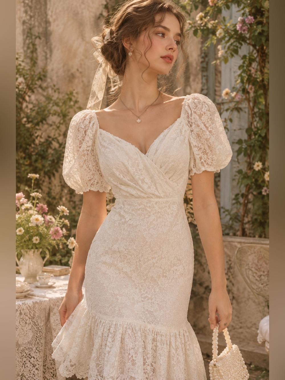 Michael Costello Revolve Cream Lace Midi Dress Puff Sleeve Ruffle Hem Feminine